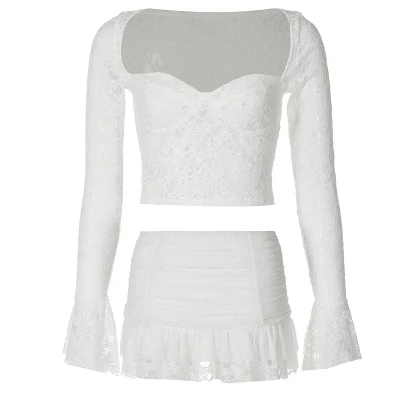 White Lace Top Skirt Set