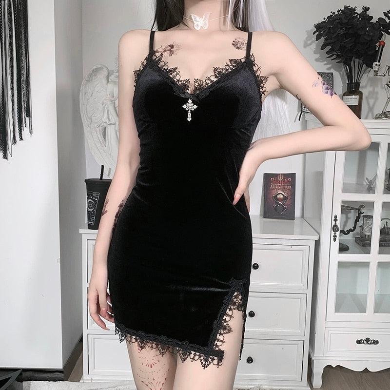 Mini Black Dress Velvet Gothic Style - Vellarmi