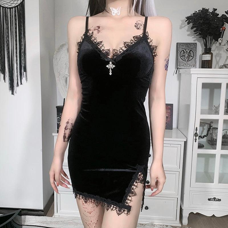 Mini Black Dress Velvet Gothic Style - Vellarmi